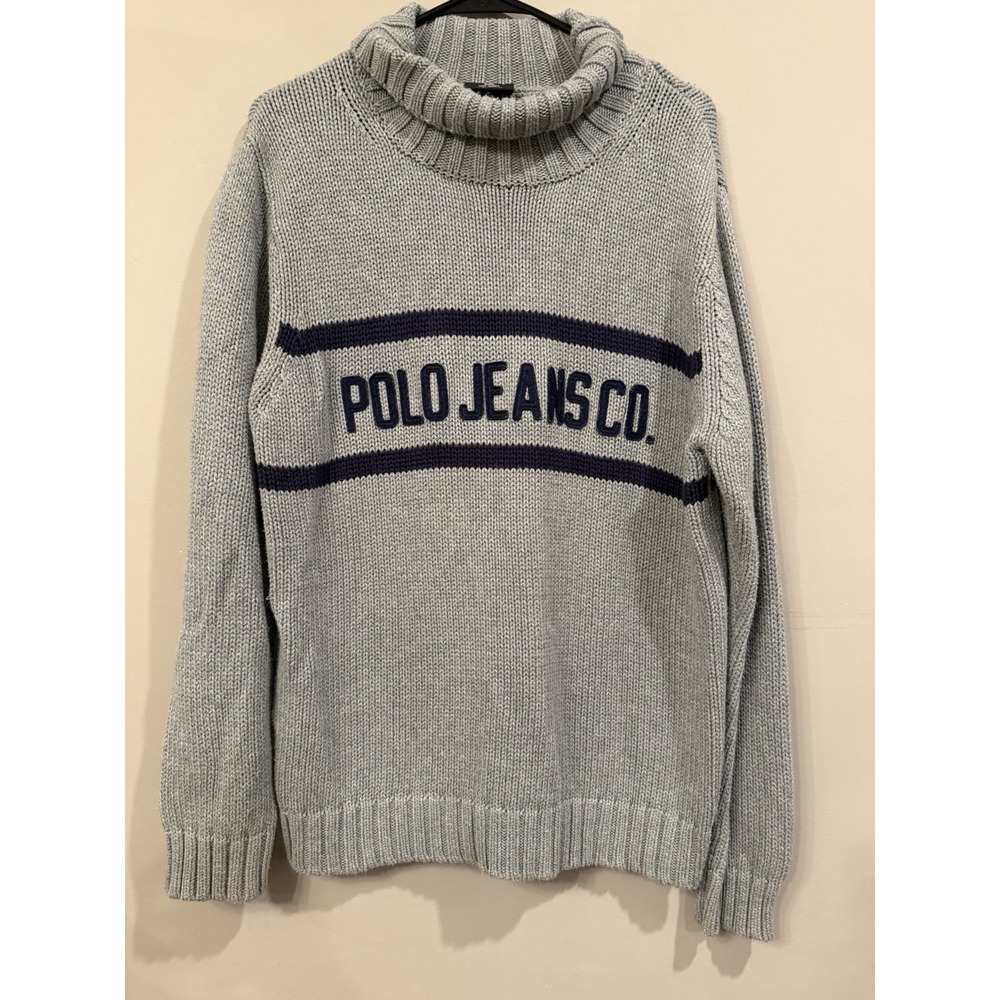 Polo Jeans‎ Co Ralph Lauren Gray Sweater Men's M Chunky Ribbed Vtg Y2K Big Logo